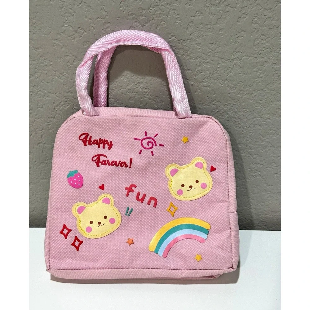 Pink Insulated Kids Lunch Bag w/ Handle, Zipper Closure, Bears Rainbow Stars